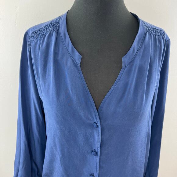 Amanda Uprichard Blue L Top Silk Notch Neck Button Front Long Sleeve Regular Fit - Picture 2 of 7